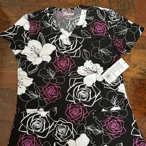 Barco Uniforms Black and White Floral Top with Pink Accents